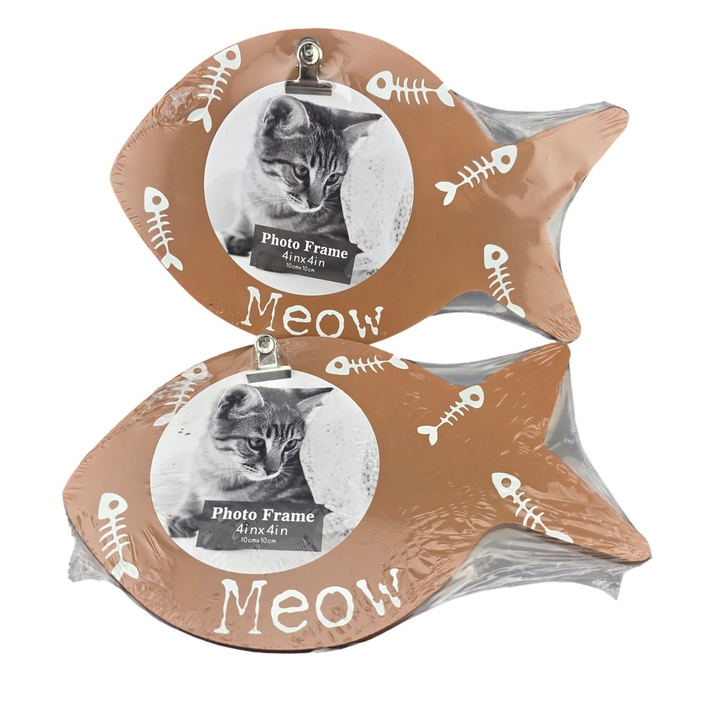 Fish Photo Frame Meow Clip Set of‎ 2 Momentum Brands 4x4 Brown NEW Pet Memories